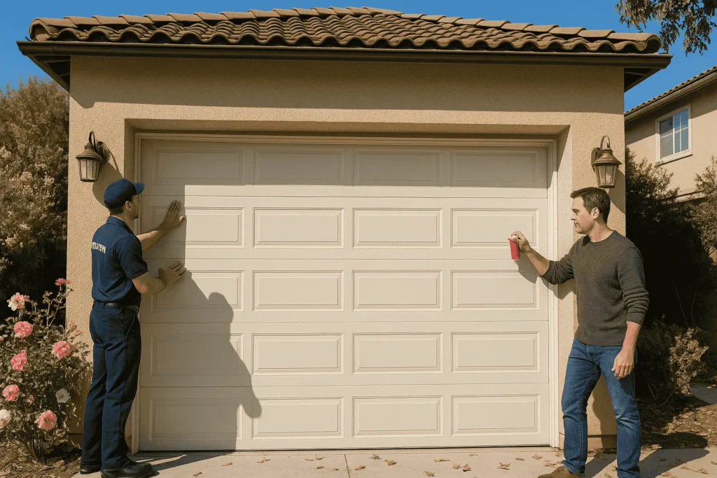 Santa Clarita garage door undergoing professional and DIY maintenance with a sunny seasonal background.