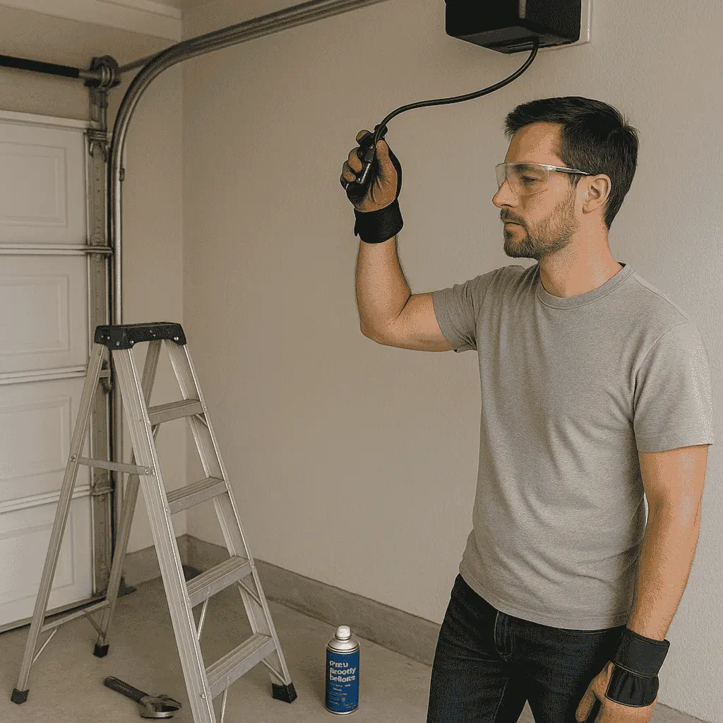 Homeowner practicing garage door safety with protective gear and tools in a clean, well-lit garage